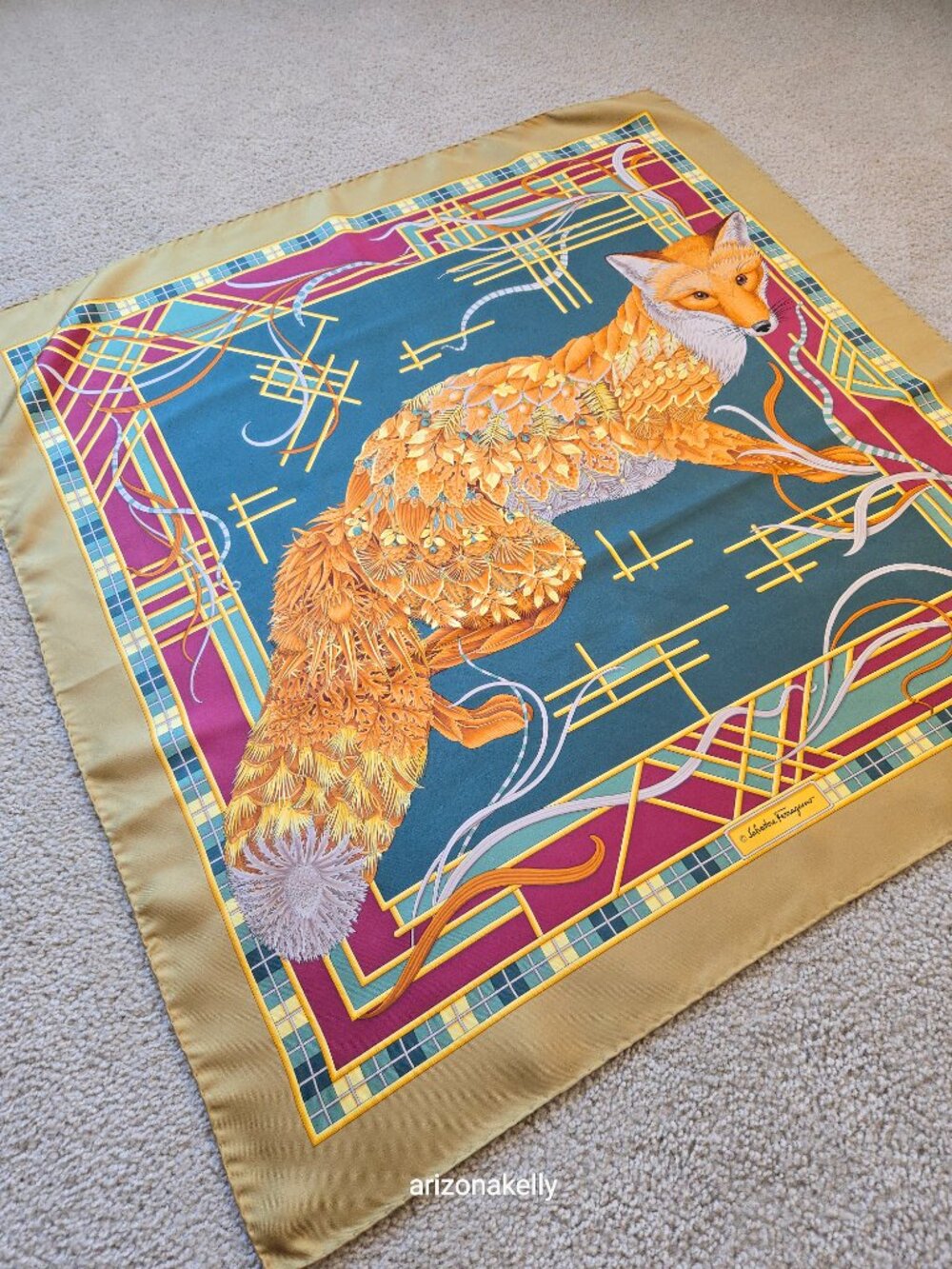 Ferragamo Silk Scarf Fox Flowers Leaves Hand Rolled Hems - Picture 6 of 13